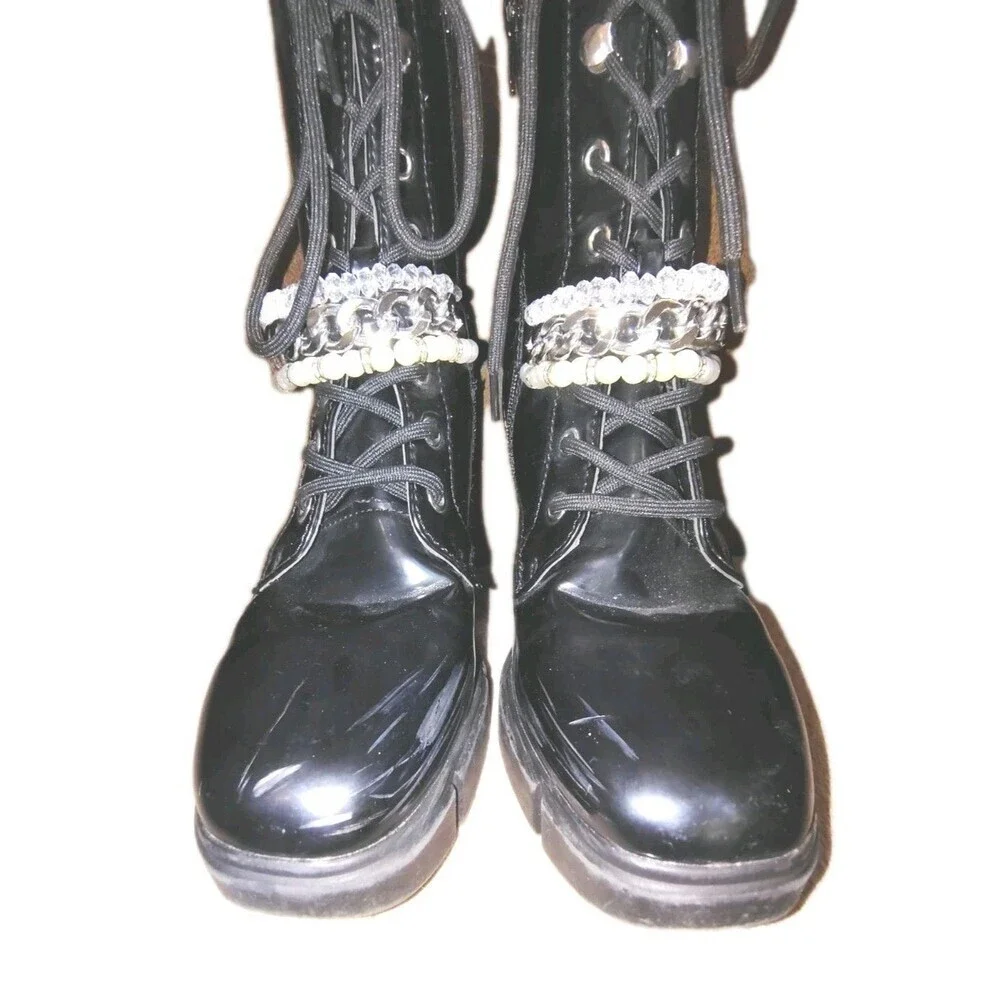 ​Forever 21 Black Patent Combat Boots Pearl Chain Block Heel Sz 8.5M Steampunk